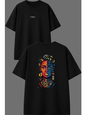 Vsrn Küpeli Kadın Renkli Tasarım Ön Arka Baskılı Siyah Oversize T Shirt