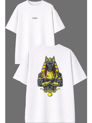 Vsrn Mısır Şovalye Tasarım Ön Arka Baskılı Beyaz Oversize T Shirt