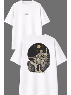 Vsrn Uzun Yol Tasarım Ön Arka Baskılı Beyaz Oversize T Shirt