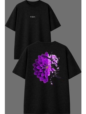 Vsrn Mor Zambak Tasarım Ön Arka Baskılı Siyah Oversize T Shirt
