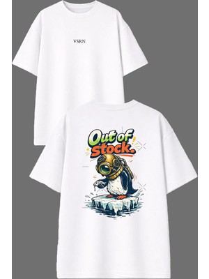Vsrn Üzgün Penguen Tasarım Ön Arka Baskılı Beyaz Oversize T Shirt