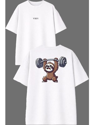 Vsrn Yorgun Hayvan Tasarım Ön Arka Baskılı Beyaz Oversize T Shirt