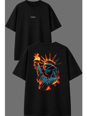 Vsrn Alevli Özgürlük Tasarım Ön Arka Baskılı Siyah Oversize T Shirt