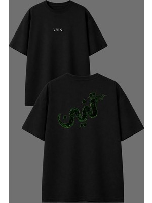 Vsrn Yılan Ejderha Tasarım Ön Arka Baskılı Siyah Oversize T Shirt