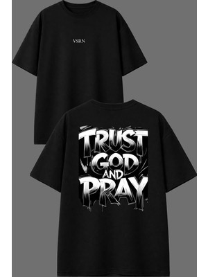 Vsrn God And Trust Tasarım Ön Arka Baskılı Siyah Oversize T Shirt