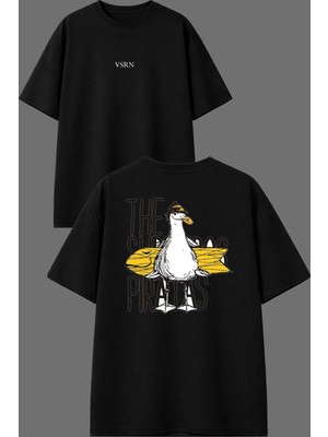Vsrn The Surf Tasarım Ön Arka Baskılı Siyah Oversize T Shirt