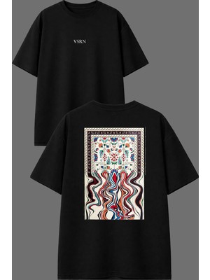 Vsrn Yeni Dikilen Örme Kilim Tasarım Ön Arka Baskılı Siyah Oversize T Shirt