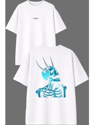 Vsrn Neon Blue Devil Tasarım Ön Arka Baskılı Beyaz Oversize T Shirt