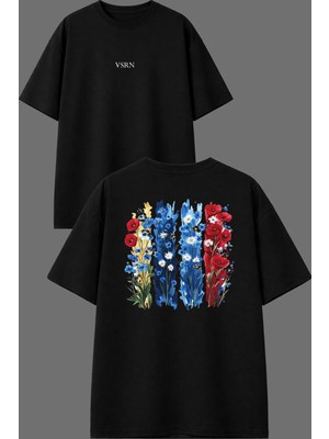 Vsrn 4 Çeşit Çiçek Tasarım Ön Arka Baskılı Siyah Oversize T Shirt