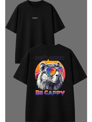 Vsrn Dont Worry Tasarım Ön Arka Baskılı Siyah Oversize T Shirt