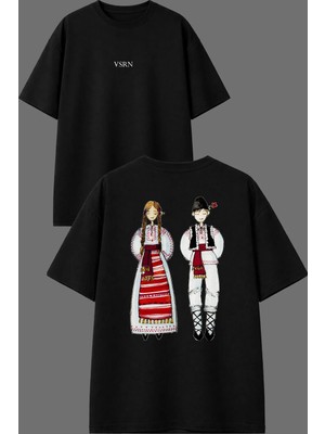 Vsrn Romanya Kültür Tasarım Ön Arka Baskılı Siyah Oversize T Shirt