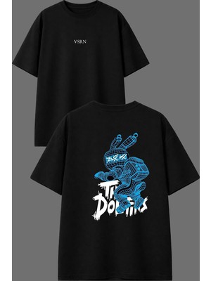 Vsrn Yapay Zeka Tavşan Tasarım Ön Arka Baskılı Siyah Oversize T Shirt