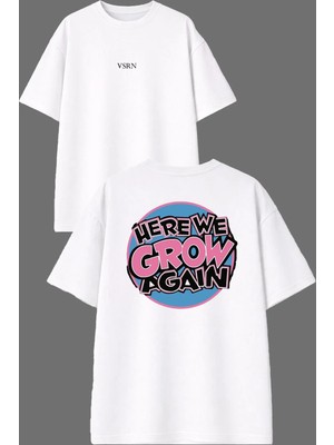 Vsrn Here We Tasarım Ön Arka Baskılı Beyaz Oversize T Shirt
