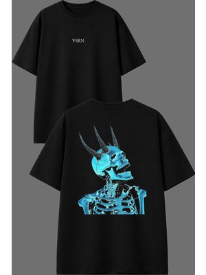 Vsrn Neon Blue Devil Tasarım Ön Arka Baskılı Siyah Oversize T Shirt