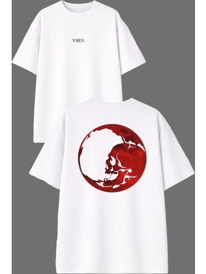 Vsrn Iskelet Ay Tasarım Ön Arka Baskılı Beyaz Oversize T Shirt