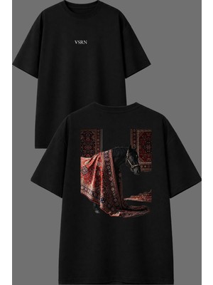 Vsrn Halı ve At Tasarım Ön Arka Baskılı Siyah Oversize T Shirt