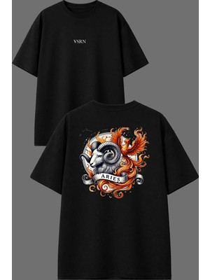 Vsrn Koç Burcu Tasarım Ön Arka Baskılı Siyah Oversize T Shirt