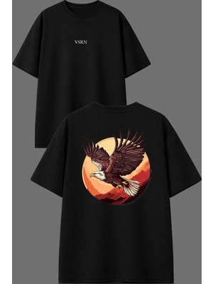 Vsrn Süzülen Kuş Tasarım Ön Arka Baskılı Siyah Oversize T Shirt