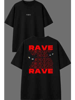 Vsrn Rave Techno Rave Tasarım Ön Arka Baskılı Siyah Oversize T Shirt