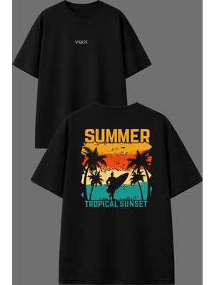 Vsrn Summer Tropıcal Tasarım Ön Arka Baskılı Siyah Oversize T Shirt