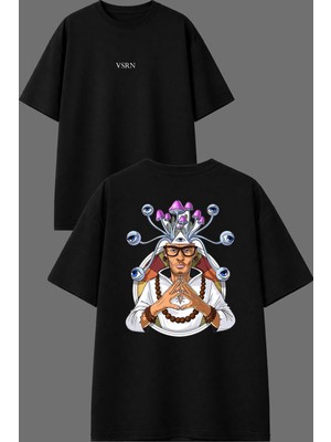 Vsrn 8 Gözlü Adam Tasarım Ön Arka Baskılı Siyah Oversize T Shirt