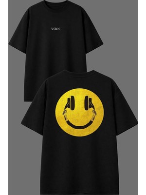 Vsrn Smile Kulaklık Tasarım Ön Arka Baskılı Siyah Oversize T Shirt