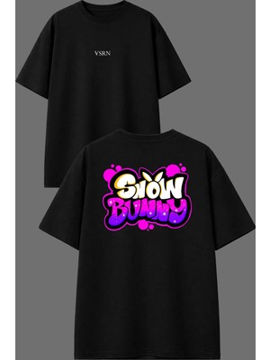 Vsrn Tavşan Tasarım Ön Arka Baskılı Siyah Oversize T Shirt