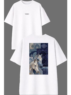 Vsrn Mavi Etnik Halı Tasarım Ön Arka Baskılı Beyaz Oversize T Shirt