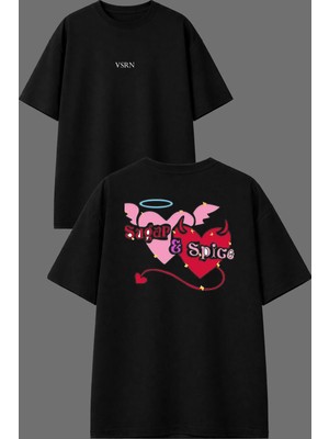 Vsrn Sugar Tasarım Ön Arka Baskılı Siyah Oversize T Shirt