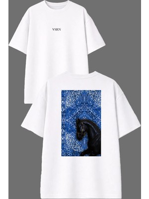 Vsrn Mavi Siyah Etnik Halı Tasarım Ön Arka Baskılı Beyaz Oversize T Shirt