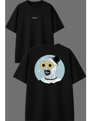 Vsrn Papatya Palyaço Tasarım Ön Arka Baskılı Siyah Oversize T Shirt