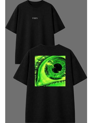 Vsrn Yeşil Surat Tasarım Ön Arka Baskılı Siyah Oversize T Shirt