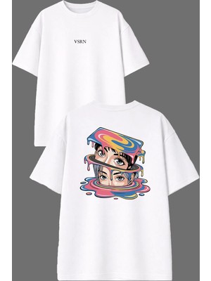 Vsrn Eriyen Yüz Tasarım Ön Arka Baskılı Beyaz Oversize T Shirt