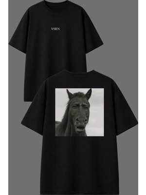 Vsrn Değişik At Tasarım Ön Arka Baskılı Siyah Oversize T Shirt