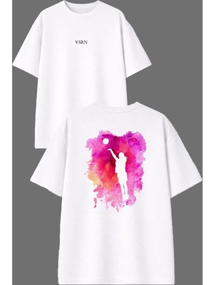 Vsrn Pembe Basketbol Tasarım Ön Arka Baskılı Beyaz Oversize T Shirt
