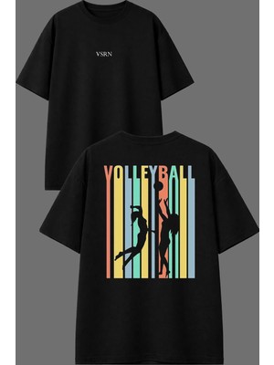 Vsrn Volleyball 76 Tasarım Ön Arka Baskılı Siyah Oversize T Shirt