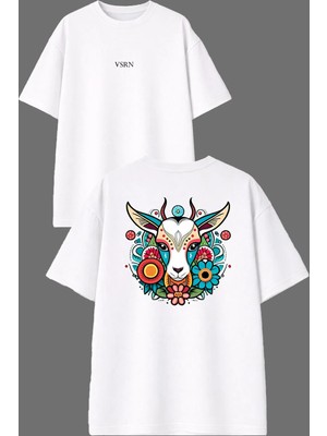 Vsrn Renkli Keçi Tasarım Ön Arka Baskılı Beyaz Oversize T Shirt