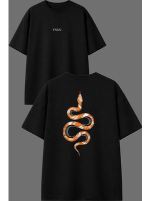 Vsrn Turuncu Desenli Yılan Tasarım Ön Arka Baskılı Siyah Oversize T Shirt