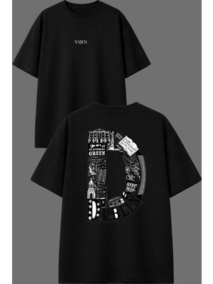 Vsrn Dubli D Tasarım Ön Arka Baskılı Siyah Oversize T Shirt