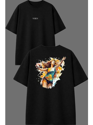 Vsrn Güzel Voleybolcu Kadın Tasarım Ön Arka Baskılı Siyah Oversize T Shirt