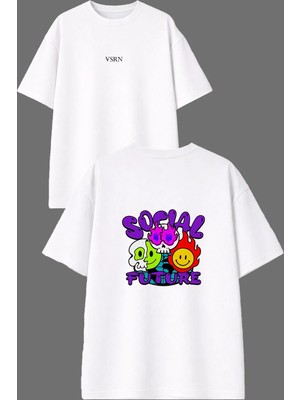 Vsrn Sosyal Adam Tasarım Ön Arka Baskılı Beyaz Oversize T Shirt