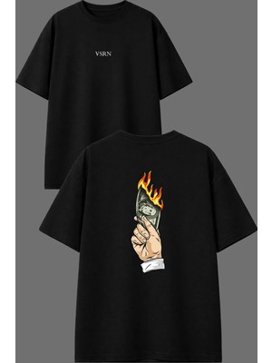 Vsrn Yanan Para Tasarım Ön Arka Baskılı Siyah Oversize T Shirt