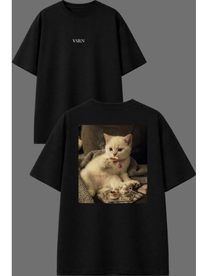 Vsrn Kahve Içen Kedi Tasarım Ön Arka Baskılı Siyah Oversize T Shirt
