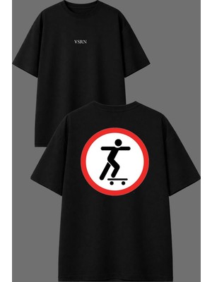 Vsrn Kaykaycı Çıkabilir Tasarım Ön Arka Baskılı Siyah Oversize T Shirt