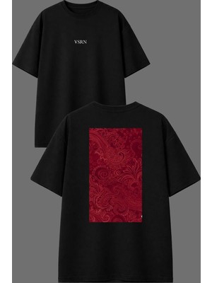 Vsrn Kırmızı Kaotik Desenli Halı Tasarım Ön Arka Baskılı Siyah Oversize T Shirt