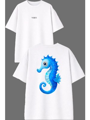 Vsrn Deniz Atı Tasarım Ön Arka Baskılı Beyaz Oversize T Shirt