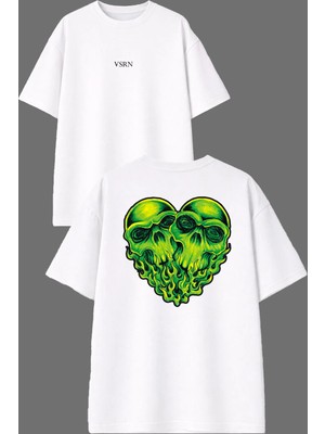 Vsrn Kalp Yeşil Iskelet Tasarım Ön Arka Baskılı Beyaz Oversize T Shirt