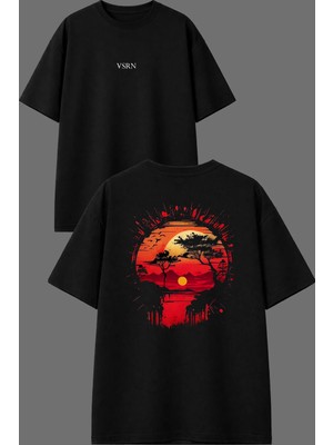 Vsrn Kızıl Gök Tasarım Ön Arka Baskılı Siyah Oversize T Shirt
