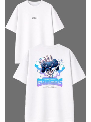 Vsrn Gamers Tasarım Ön Arka Baskılı Beyaz Oversize T Shirt