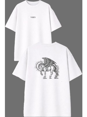 Vsrn Çizgi At Tasarım Ön Arka Baskılı Beyaz Oversize T Shirt